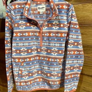 Wrangler Girls Aztec 1/4 Zip fleece sweatshirt, Blue and peach Pattern
